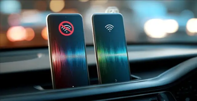 Two phones showing Wi-Fi signal icons inside a car at night