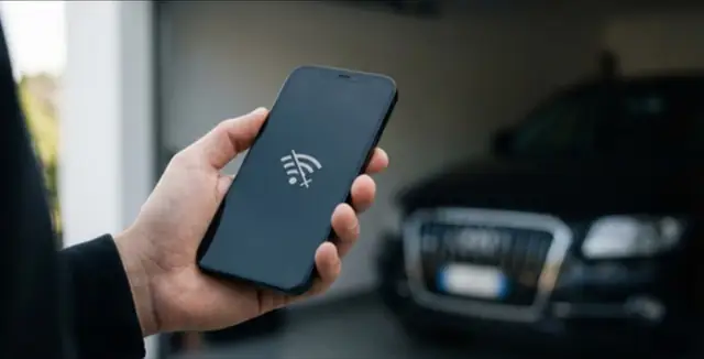 Phone showing Wi-Fi disconnected icon next to a parked car