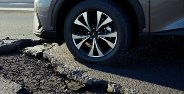 Car wheel driving over a pothole