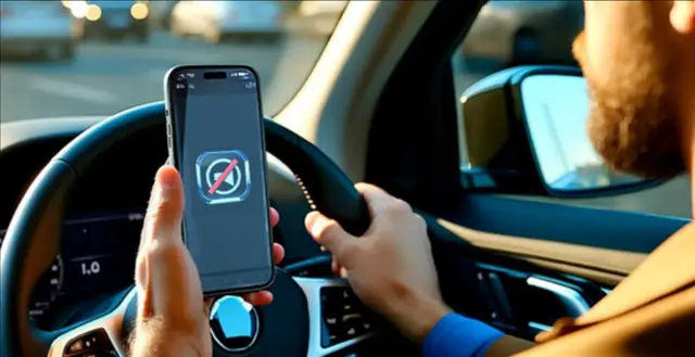 Driver holding phone showing a muted announcement icon near the steering wheel