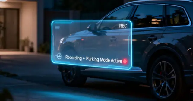 Car showing a Recording, Parking Mode Active overlay graphic