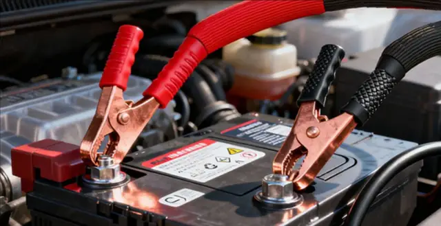 Jumper cables connected to a car battery