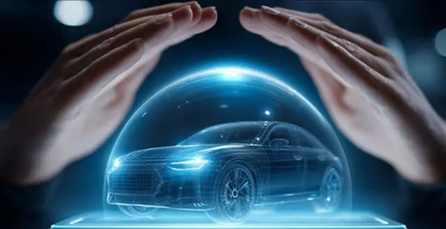 Hands cupped protectively around a glowing car hologram