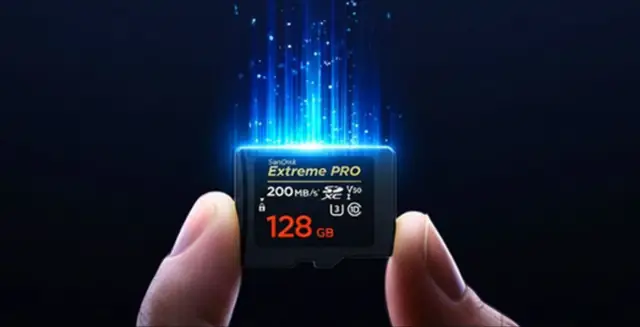 128GB high-endurance MicroSD card with blue light trails