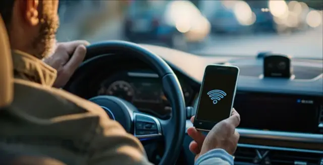 Driver holding a phone showing a Wi-Fi signal icon in the car