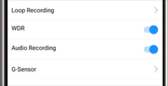 ProCam AU app settings screen showing Loop Recording, WDR, Audio Recording and G-Sensor toggles